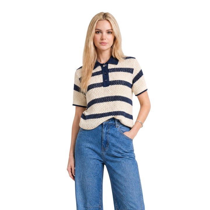 I am jersey polo de mujer crema de punto crochet vista frontal
