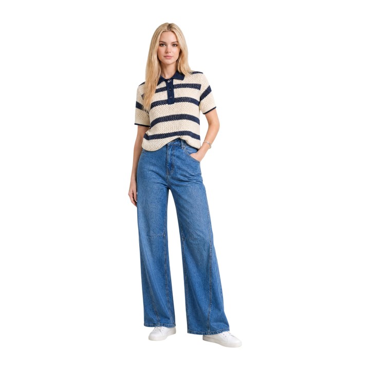 I am jersey polo de mujer crema de punto crochet vista frontal completa