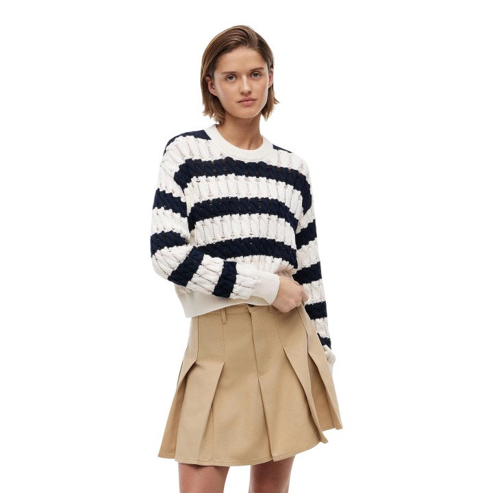 Tommy Hilfiger Jeans jersey de mujer blanco y azul marino vista frontal de tres cuartos