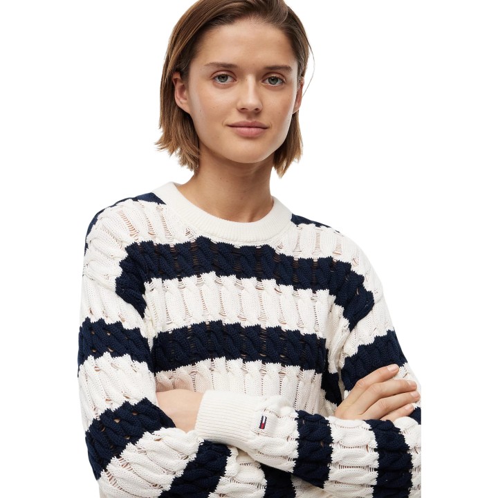 Tommy Hilfiger Jeans jersey de mujer blanco y azul marino detalle del tejido y cuello