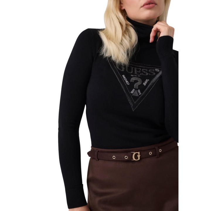 Detalle frontal del jersey negro de cuello alto Guess para mujer W6BR54 Z1455