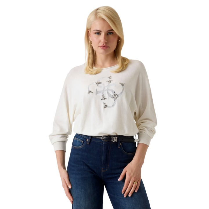 Jersey blanco Guess para mujer BAT SLEEVE GEMMA LOG vista frontal