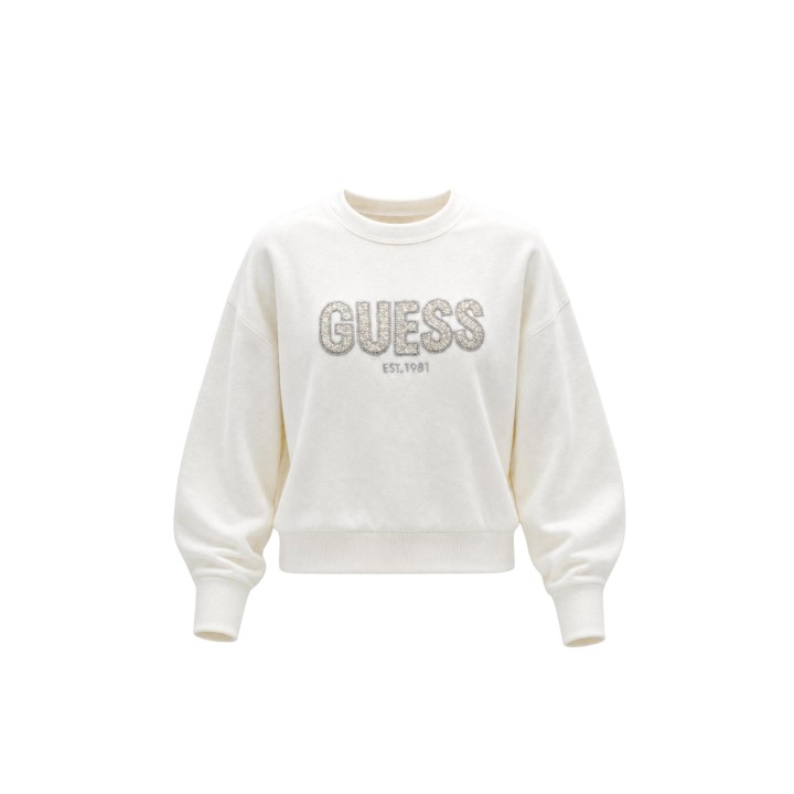 Detalle frontal de jersey Guess de mujer blanco con logo Madeline