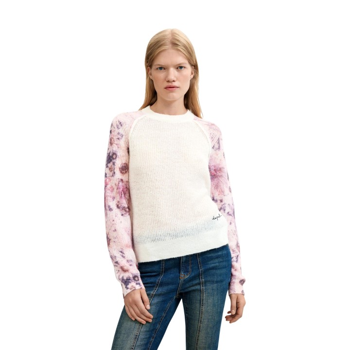 Desigual jersey de mujer blanco con mangas florales vista frontal