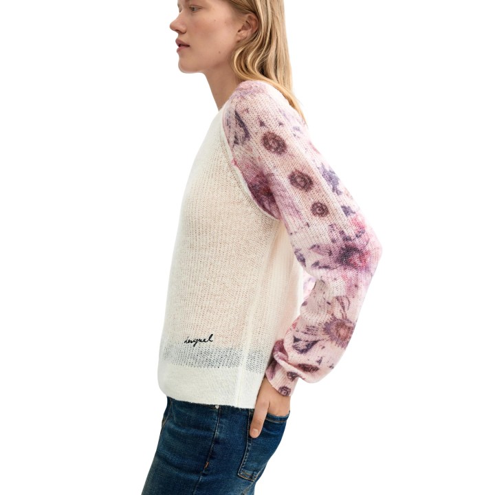 Desigual jersey de mujer blanco con mangas florales vista lateral