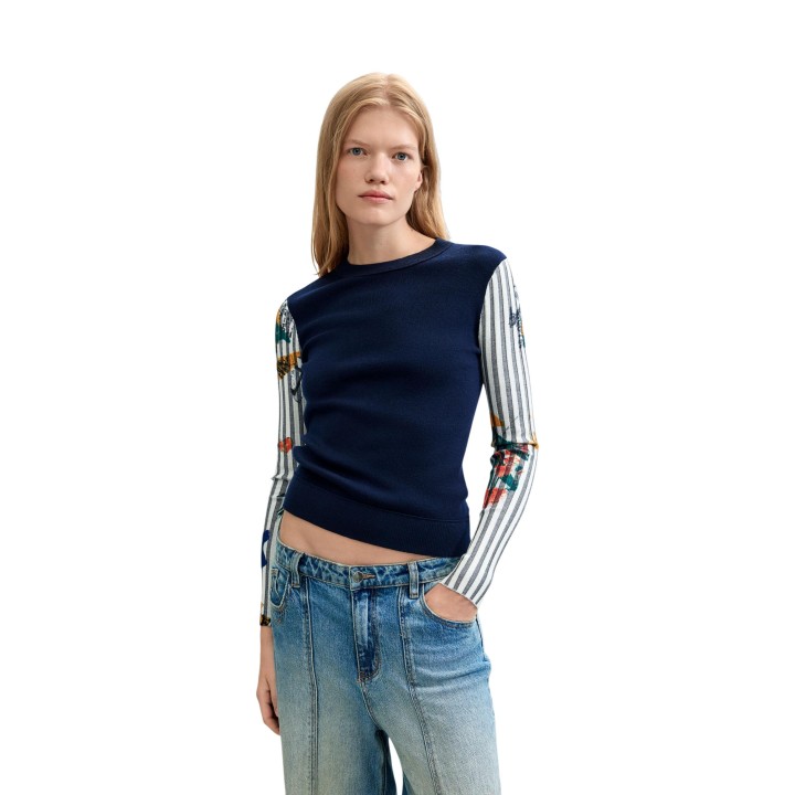 Desigual jersey de mujer azul con mangas estampadas vista frontal