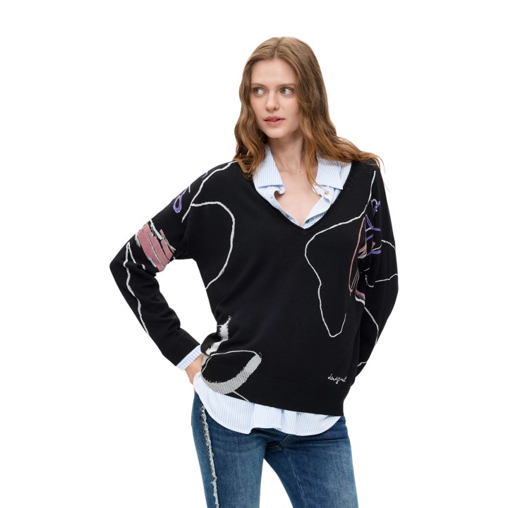 Jersey negro de mujer Desigual vista frontal de tres cuartos