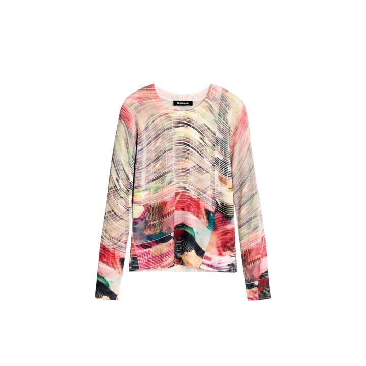 Jersey de mujer Desigual rojo multicolor de manga larga vista frontal de la prenda
