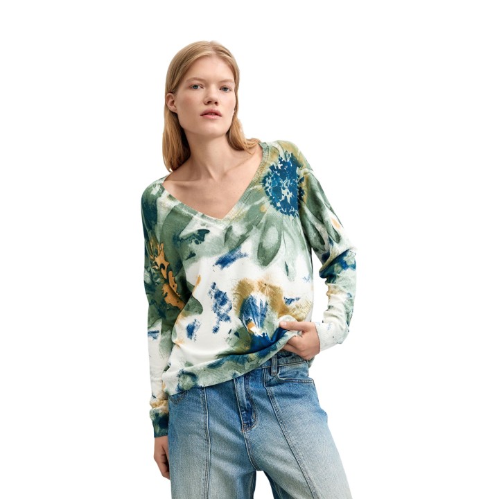 Desigual jersey de mujer blanco estampado vista de tres cuartos