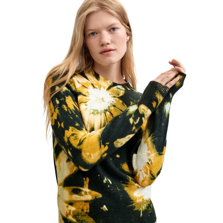 Desigual jersey de mujer negro estampado floral detalle frontal
