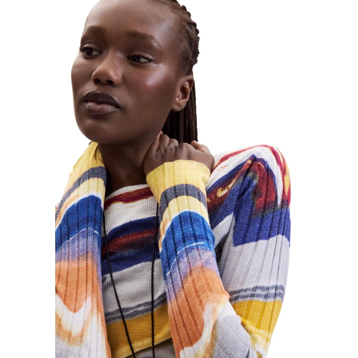 Detalle del jersey Desigual de mujer azul multicolor