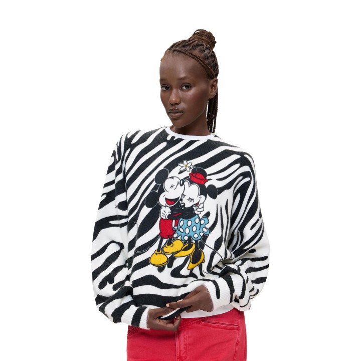 Desigual jersey de mujer blanco con estampado cebra y Mickey vista de tres cuartos