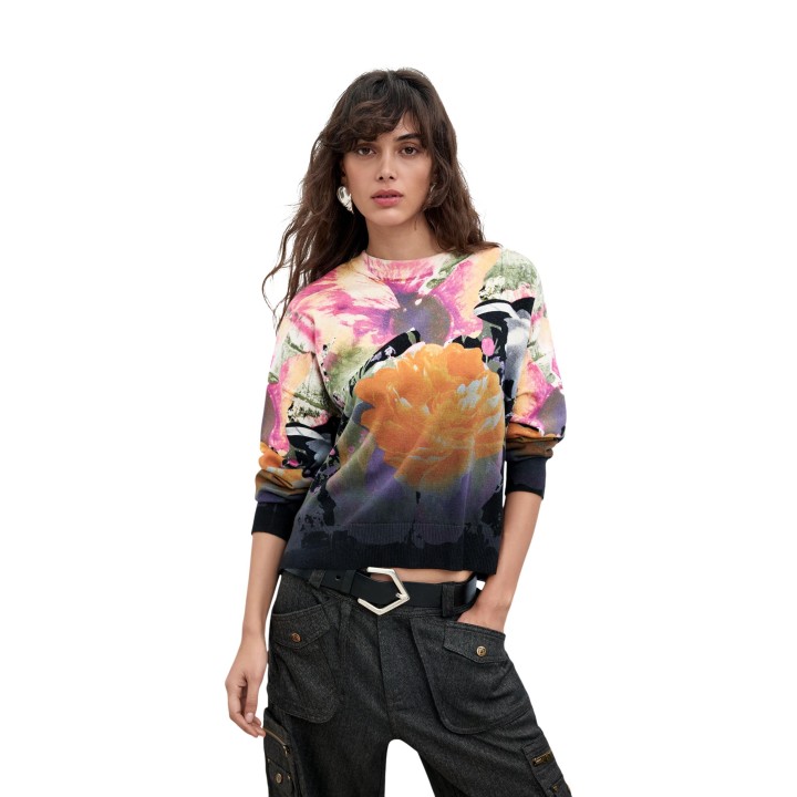Desigual jersey de mujer negro estampado floral degradado vista frontal