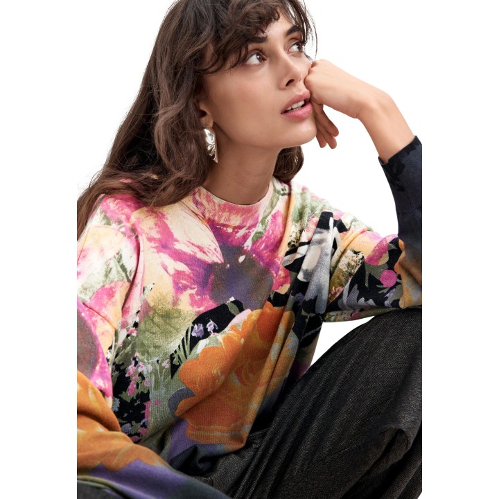 Desigual jersey de mujer negro estampado floral degradado detalle del diseño