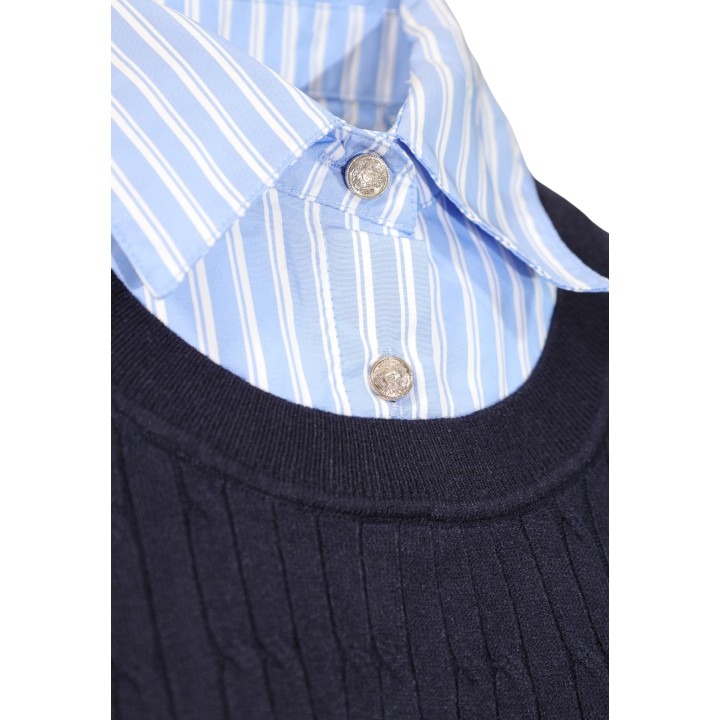Detalle del cuello y tejido del jersey azul Morgan De Toi 252-MBLUE