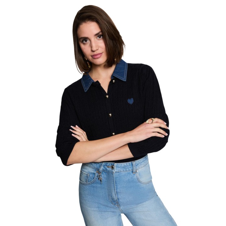 Morgan De Toi cárdigan de mujer negro de punto con cuello azul vista frontal