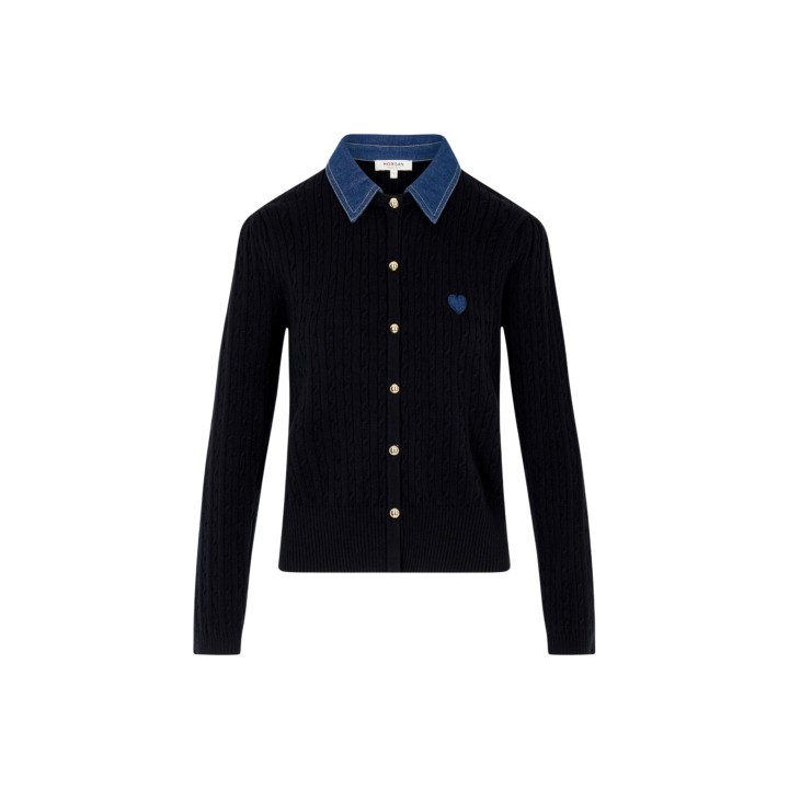 Morgan De Toi cárdigan de mujer negro de punto con cuello azul vista frontal