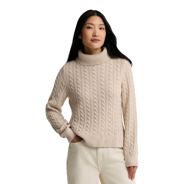 Jersey de punto Barbour Ambleside para mujer en beige claro vista frontal tres cuartos