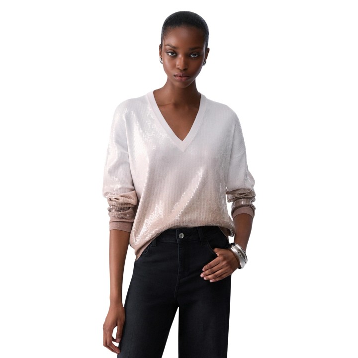 Jersey de mujer Liu-Jo WF6178 MS49I en beige oscuro con lentejuelas vista frontal