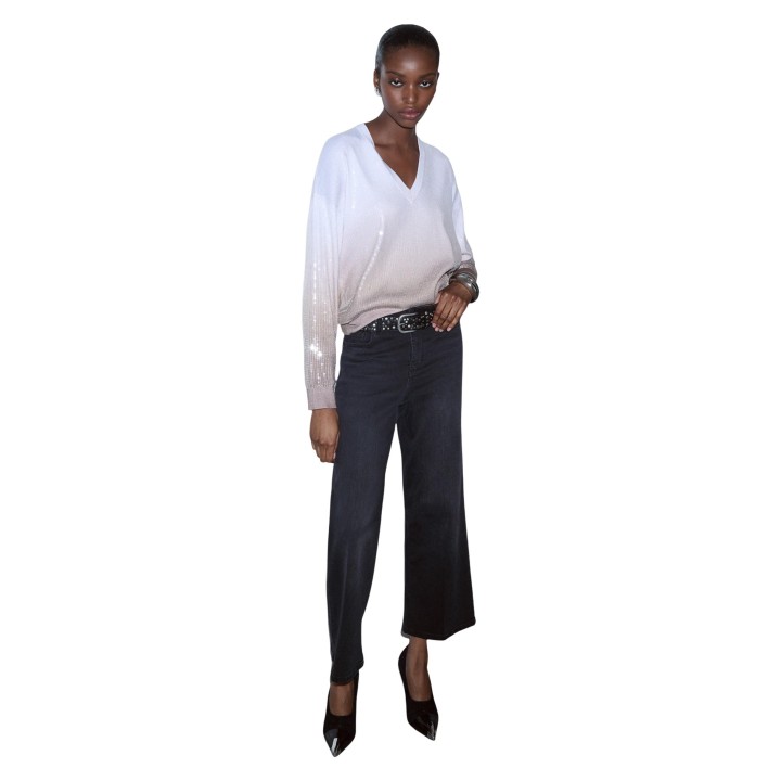 Jersey de mujer Liu-Jo WF6178 MS49I en beige oscuro con lentejuelas vista tres cuartos