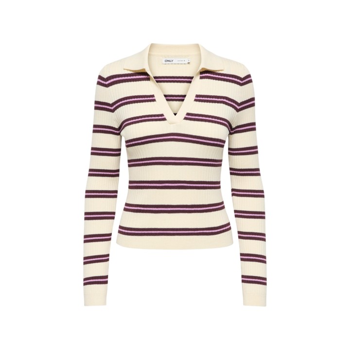 Jersey Only de punto marfil a rayas con cuello polo vista frontal