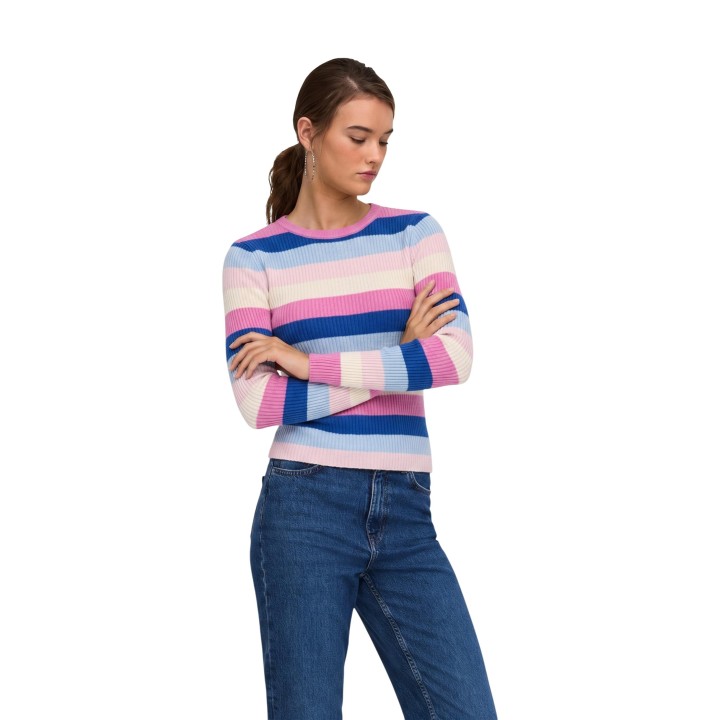 Jersey Only de mujer de punto acanalado azul claro y rosa en vista de tres cuartos