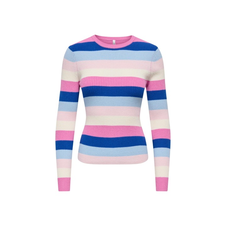 Jersey Only de mujer de punto acanalado azul claro y rosa en vista frontal