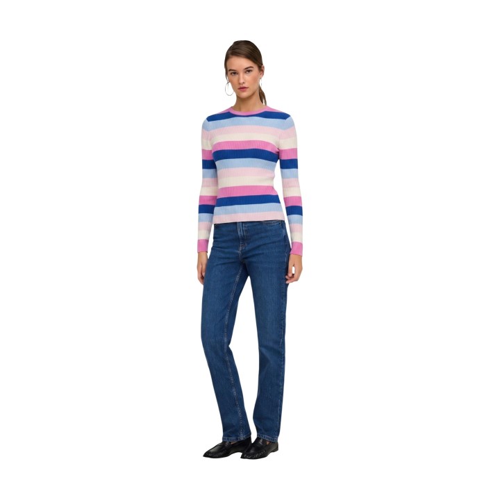 Jersey Only de mujer de punto acanalado azul claro y rosa en vista frontal