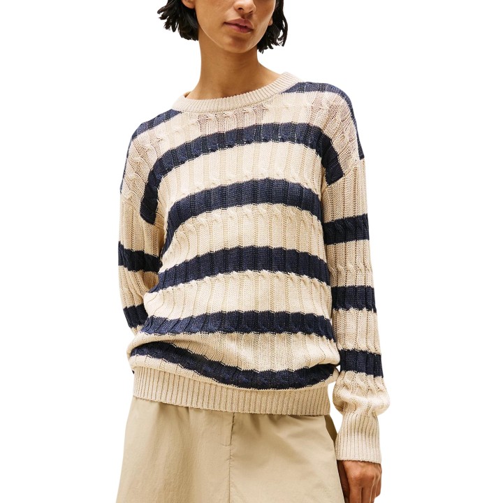 Tommy Hilfiger jersey de mujer beige y azul de lino vista frontal