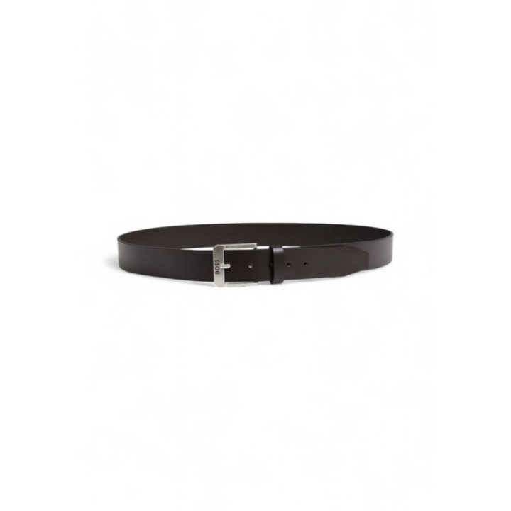 Cinturón de piel marrón para hombre Hugo Boss vista frontal con detalle de hebilla