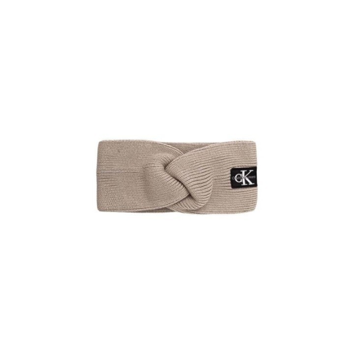 Diadema beige de punto para mujer Calvin Klein vista frontal con parche de logo