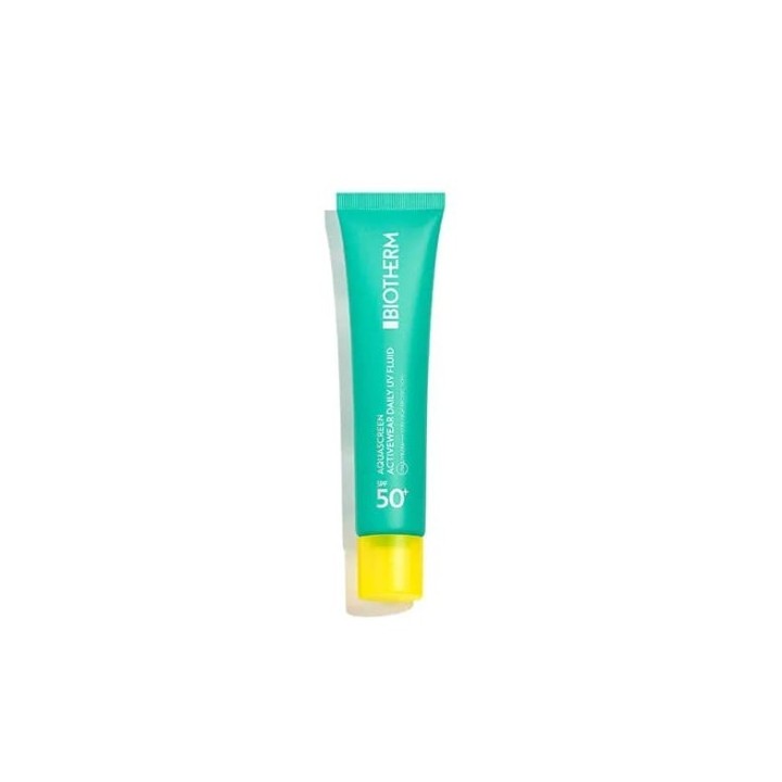 Protector facial Biotherm Aquascreen SPF50 en tubo verde con tapón amarillo vista frontal