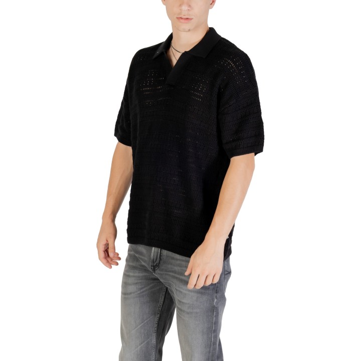 Only & Sons jersey polo de hombre negro de punto crochet vista de tres cuartos