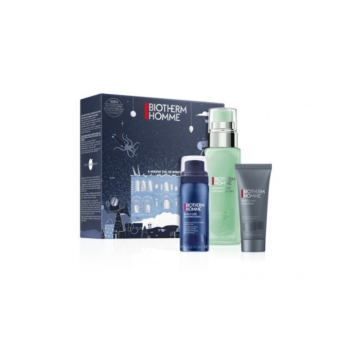 Set facial Aquapower Biotherm para hombre con frasco verde y espuma azul