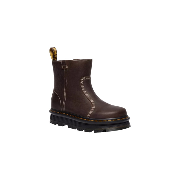 Dr. Martens botín de mujer Zebzag Rigger Wyoming marrón oscuro vista tres cuartos