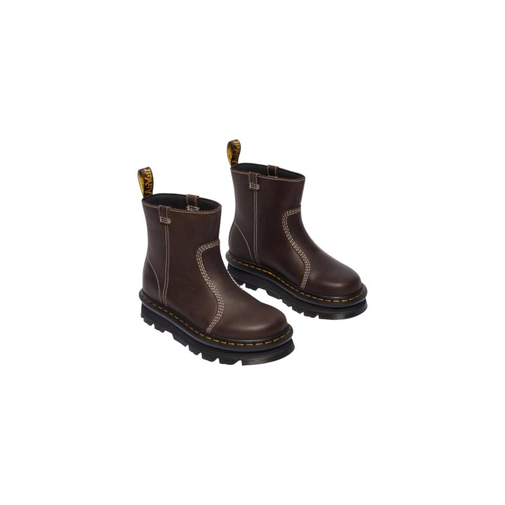 Dr. Martens botines de mujer Zebzag Rigger Wyoming marrón oscuro vista tres cuartos