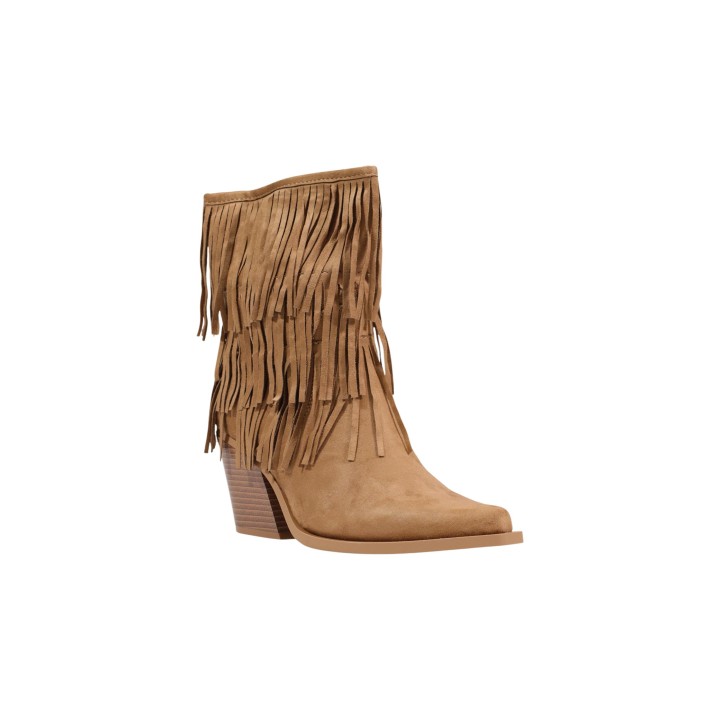 Botín de mujer I am 3602-1 en ante beige oscuro vista frontal de tres cuartos