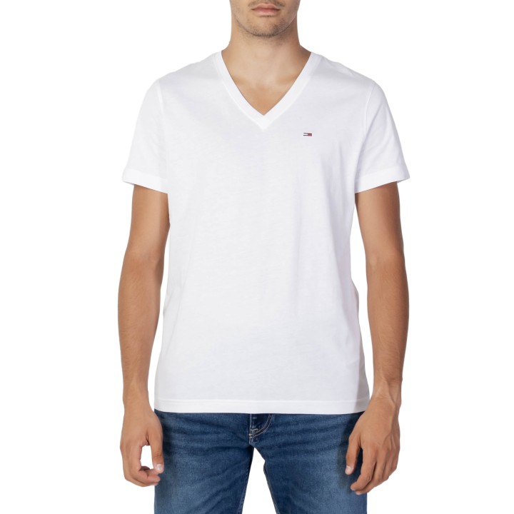 Tommy Hilfiger Jeans camiseta de hombre blanca de jersey con cuello de pico vista frontal