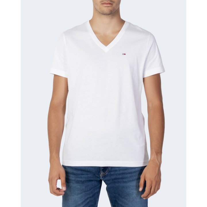 Tommy Hilfiger Jeans camiseta de hombre blanca de jersey con cuello de pico vista frontal