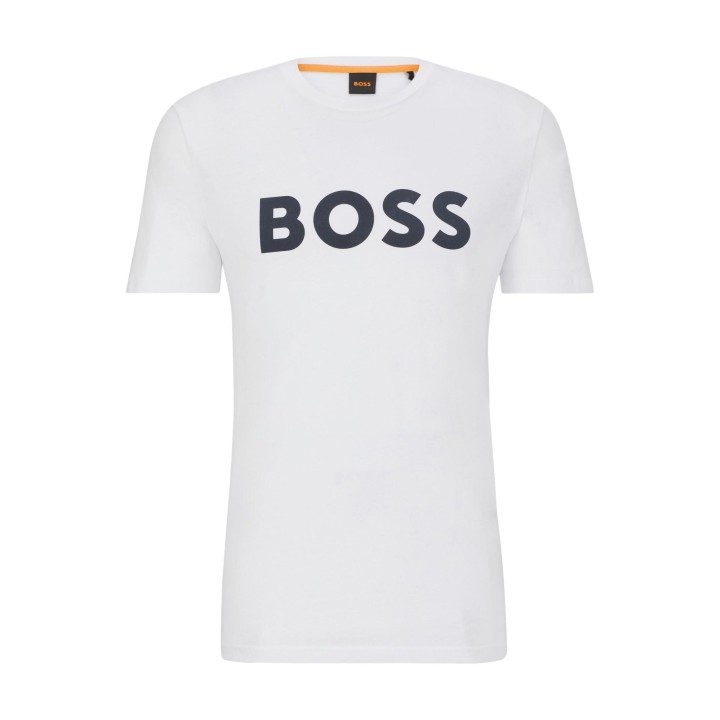 Camiseta Boss para hombre blanca vista frontal con logo y cuello