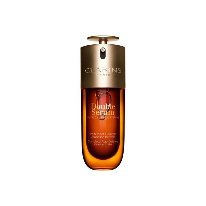 Double Serum antiedad Clarins en botella ámbar con dosificador vista frontal