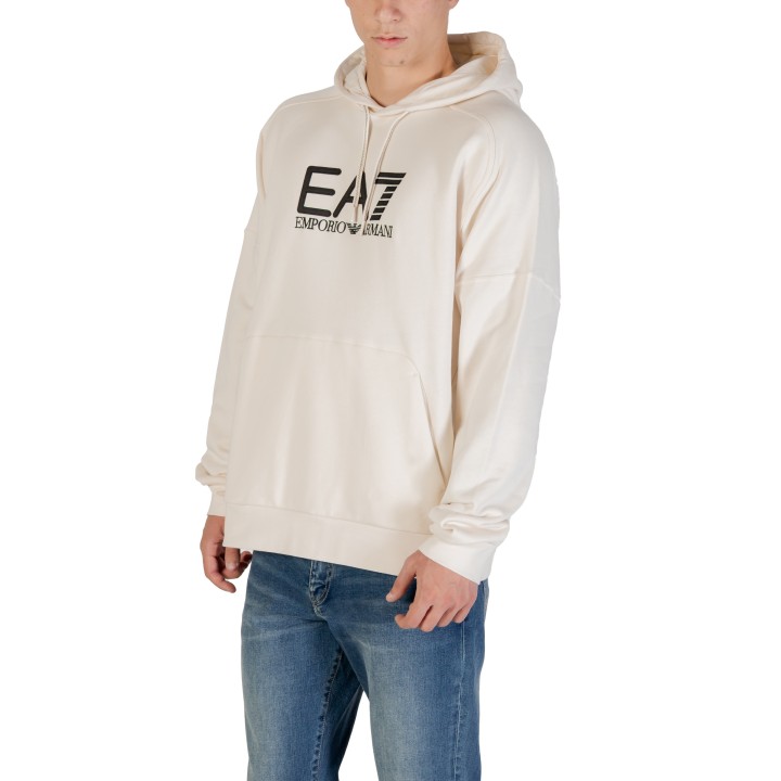 Sudadera EA7 de hombre blanca y negra con capucha vista de tres cuartos