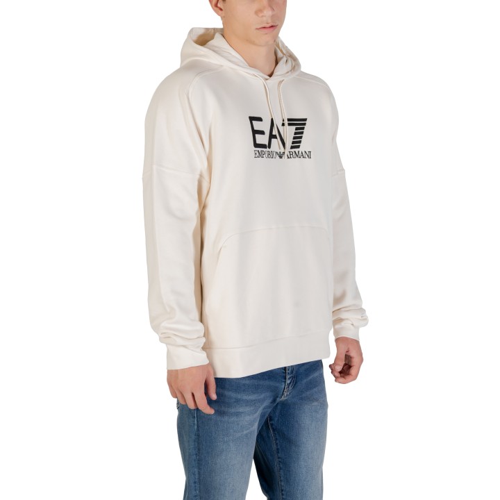 Sudadera EA7 de hombre blanca y negra con capucha vista de tres cuartos