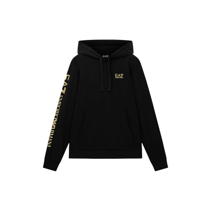 Sudadera de hombre EA7 con capucha negra y detalles dorados vista frontal del producto
