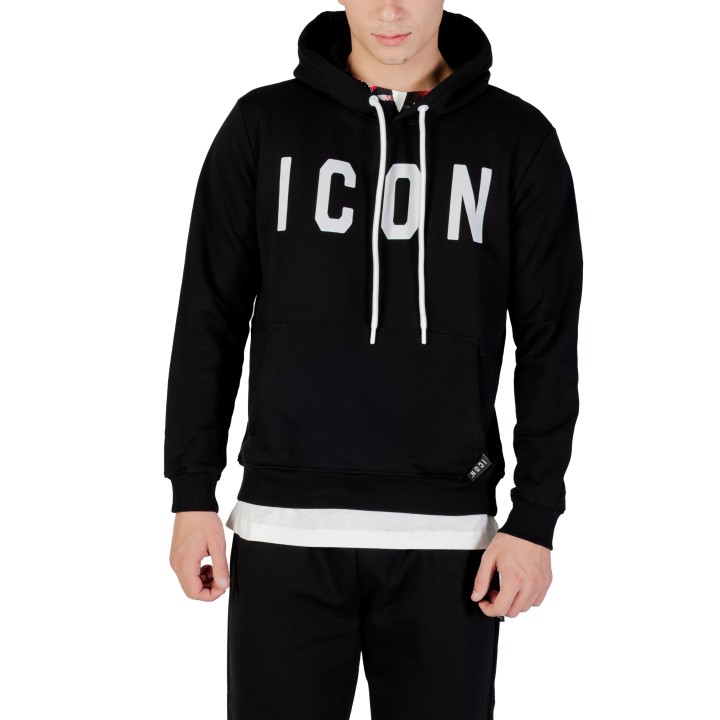 Icon sudadera de hombre negra y blanca con capucha vista frontal