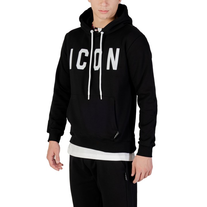 Icon sudadera de hombre negra y blanca con capucha vista tres cuartos