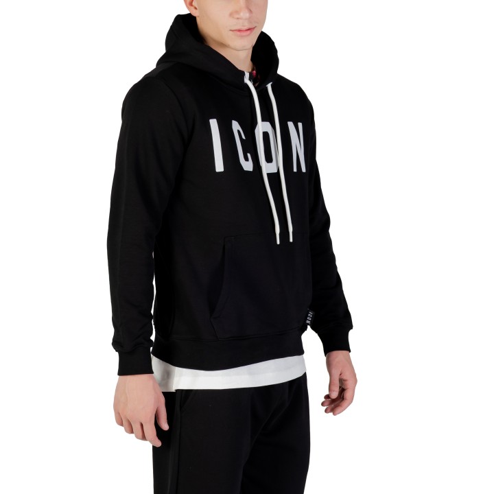 Icon sudadera de hombre negra y blanca con capucha vista tres cuartos