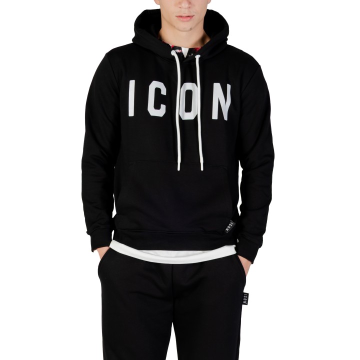 Icon sudadera de hombre negra y blanca con capucha vista frontal