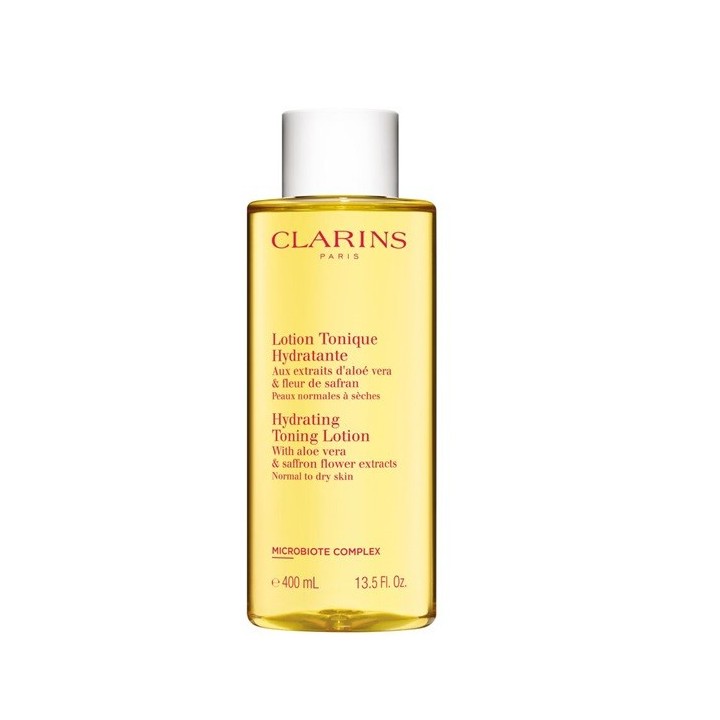 Loción tónica hidratante Clarins 400 ml en botella transparente con líquido amarillo vista frontal