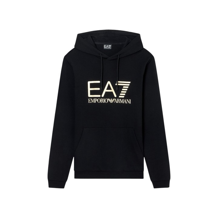 Sudadera EA7 7M001413 AF22266 negra con logo dorado vista frontal